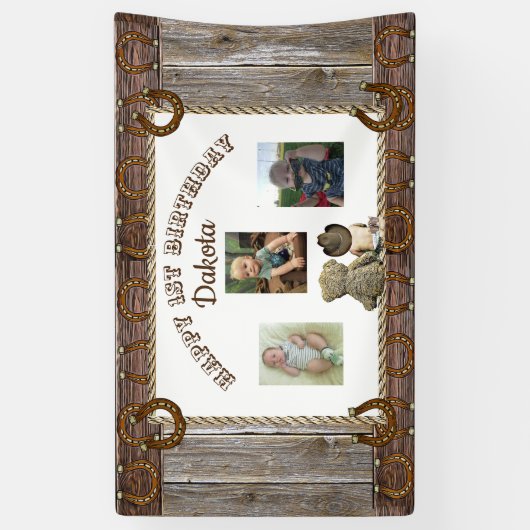 Cowboy en Teddy Beer 1e Verjaardagsfeestbanner Spandoek (Verticaal)