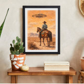 Cowboy- en UFO-woestijnscene-kunst, westernsci-fi Poster