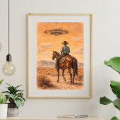 Cowboy- en UFO-woestijnscene-kunst, westernsci-fi Poster