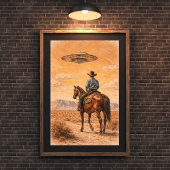 Cowboy- en UFO-woestijnscene-kunst, westernsci-fi Poster