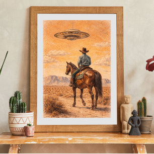 Cowboy- en UFO-woestijnscene-kunst, westernsci-fi Poster