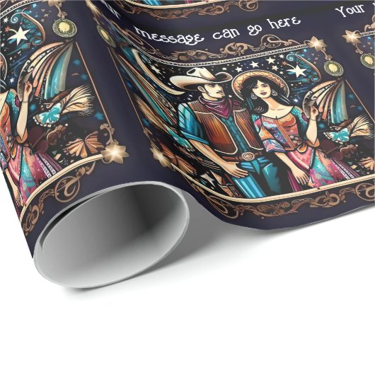 Cowboy en vrouw zwart en goud cadeaupapier (Rol Hoek)