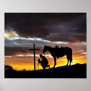 Cowboy gebedsilhouet met zonsondergang Poster