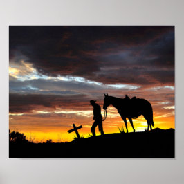 Cowboy gebedsilhouet met zonsondergang Poster
