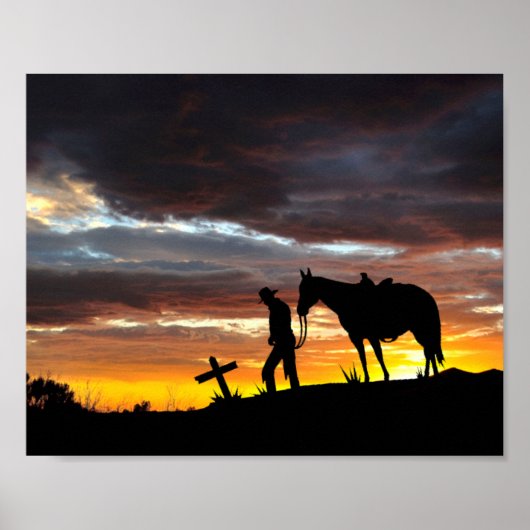 Cowboy gebedsilhouet met zonsondergang Poster (Voorkant)