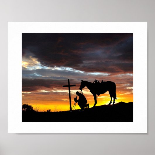 Cowboy gebedsilhouet met zonsondergang Poster (Voorkant)