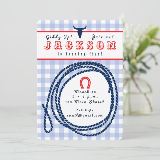 Cowboy Gingham Uitnodiging (Staand voorkant)
