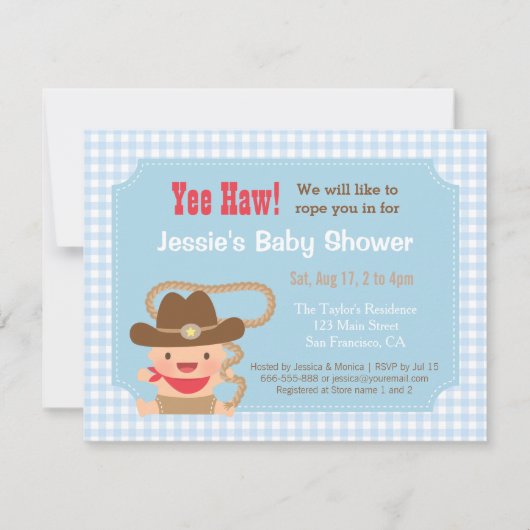 Cowboy Gingham Westerne Baby Shower-uitvindingen Kaart (Voorkant)