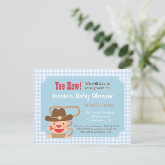 Cowboy Gingham Westerne Baby Shower-uitvindingen Kaart (Staand voorkant)