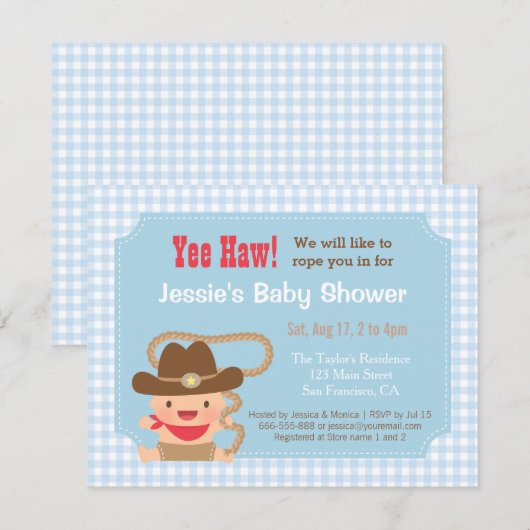 Cowboy Gingham Westerne Baby Shower-uitvindingen Kaart (Voorkant / Achterkant)