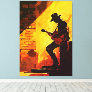 Cowboy Gitarist Wandkunst – Rustische Westerse Muz Canvas Afdruk