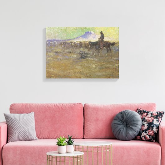 Cowboy Herding Cattle on the Range by Lon Megargee Canvas Afdruk (Insitu (Woonkamer))