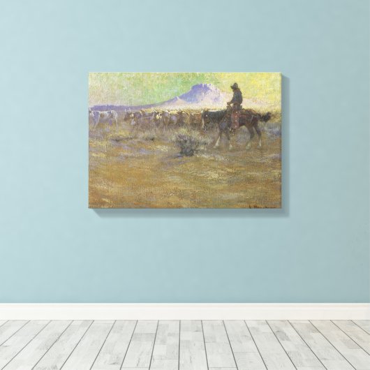 Cowboy Herding Cattle on the Range by Lon Megargee Canvas Afdruk (Insitu (Houten vloer))