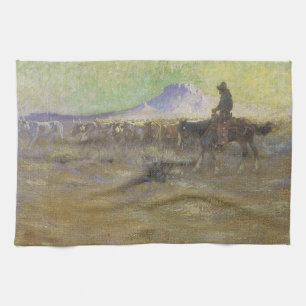 Cowboy Herding Cattle on the Range by Lon Megargee Theedoek