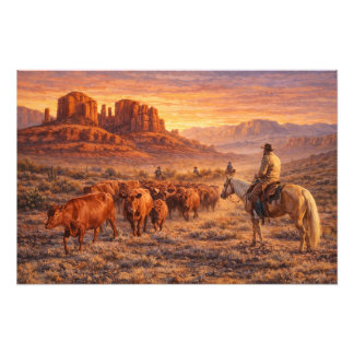 Cowboy Herding Cows at Sunset Foto Afdruk