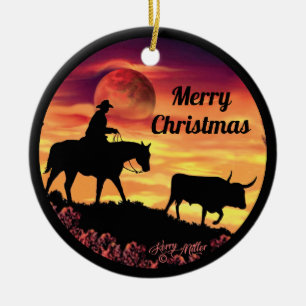 Cowboy Herding Longhorn Steer Keramisch Ornament