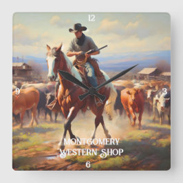 Cowboy Herding van runderen te paard Vierkante Klok