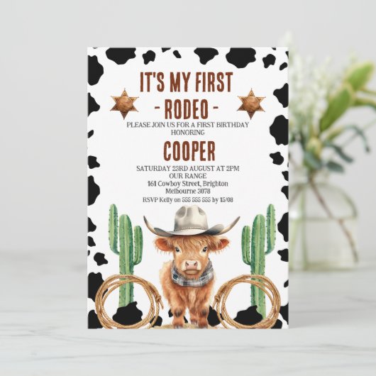 Cowboy Highland Koe Mijn Eerste Rodeo 1e Verjaarda Kaart (Staand voorkant)