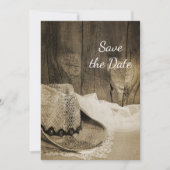 Cowboy Hoed Schuur Houten Westerse Trouw Wacht Met Save The Date (Voorkant)