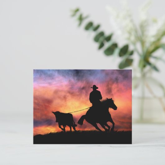 Cowboy Horse en Steer Roping in Sunset Briefkaart (Staand voorkant)
