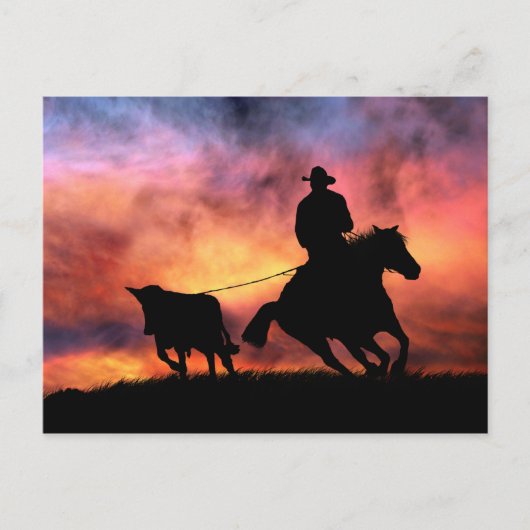 Cowboy Horse en Steer Roping in Sunset Briefkaart (Voorkant)
