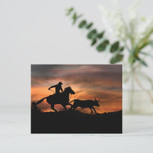Cowboy Horse en Steer Southwestern Sunset Rodeo Briefkaart (Staand voorkant)