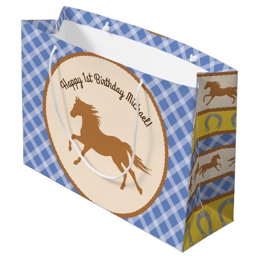 Cowboy Horse Pony Cute 1st Birthday Party Thema Groot Cadeauzakje (Achterkant Gekanteld)
