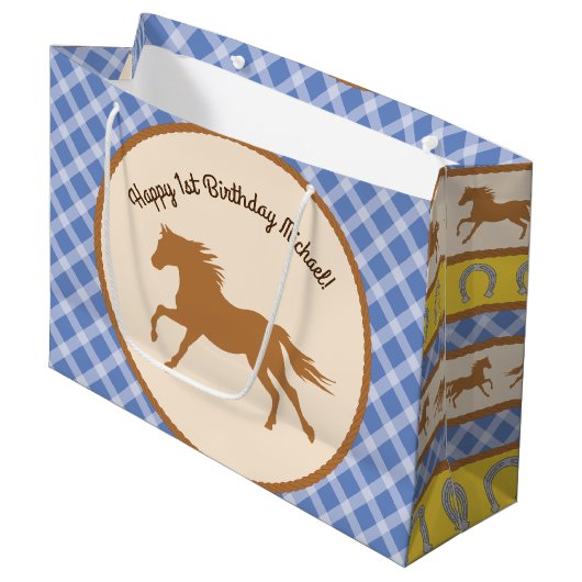 Cowboy Horse Pony Cute 1st Birthday Party Thema Groot Cadeauzakje (Voorkant Gekanteld)