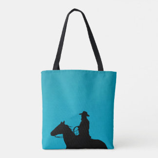 Cowboy & Horse Silhouette on Turquoise Tote Bag