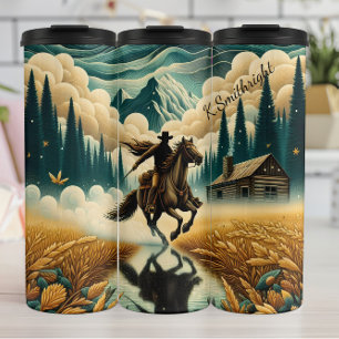 Cowboy Horseback Ride Mountain Cabin Thermosbeker