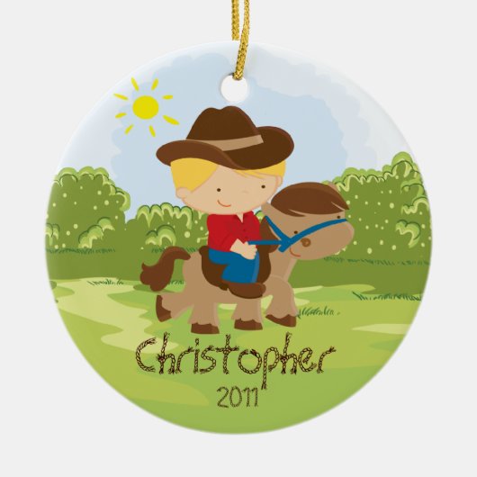 Cowboy Horseback Rider Boy kerstversiering Keramisch Ornament (Voorkant)
