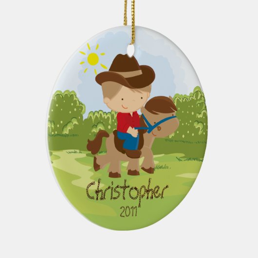 Cowboy Horseback Rider Boy kerstversiering Keramisch Ornament (Rechts)