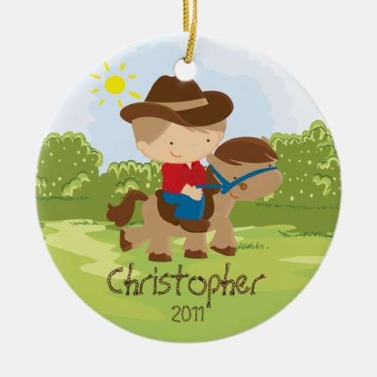 Cowboy Horseback Rider Boy kerstversiering Keramisch Ornament (Voorkant)