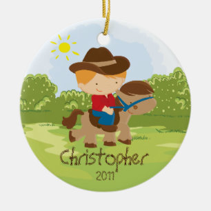 Cowboy Horseback Rider Boy kerstversiering Keramisch Ornament