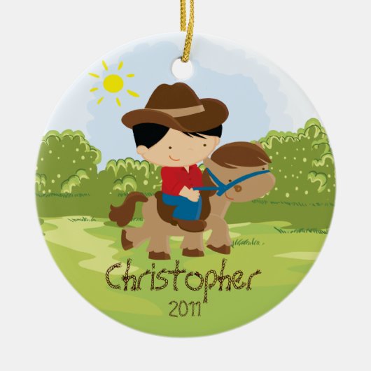 Cowboy Horseback Rider Boy kerstversiering Keramisch Ornament (Voorkant)
