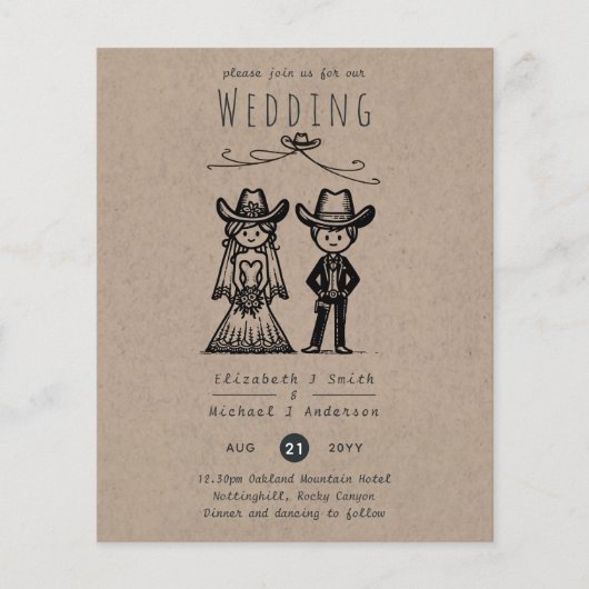 Cowboy-huwelijkscartoon Bruid Bruidegom Handgeteke (Voorkant)