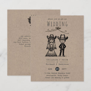 Cowboy-huwelijkscartoon Bruid Bruidegom Handgeteke