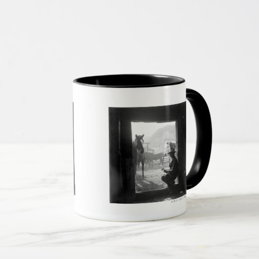 Cowboy in een deur met paarden mok (Voorkant rechts)