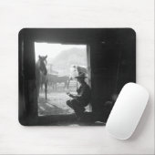 Cowboy in een deur met paarden muismat (Met muis)