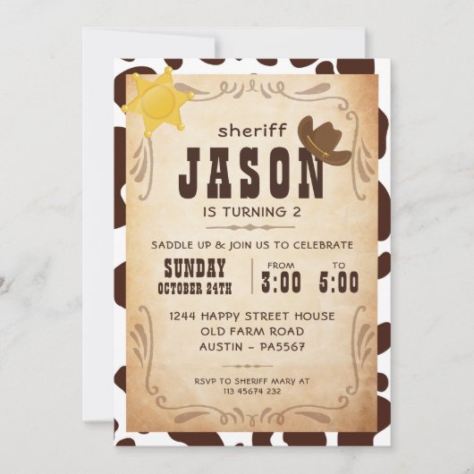 Cowboy Invitation for Birthday Party Sheriff West Kaart (Voorkant)