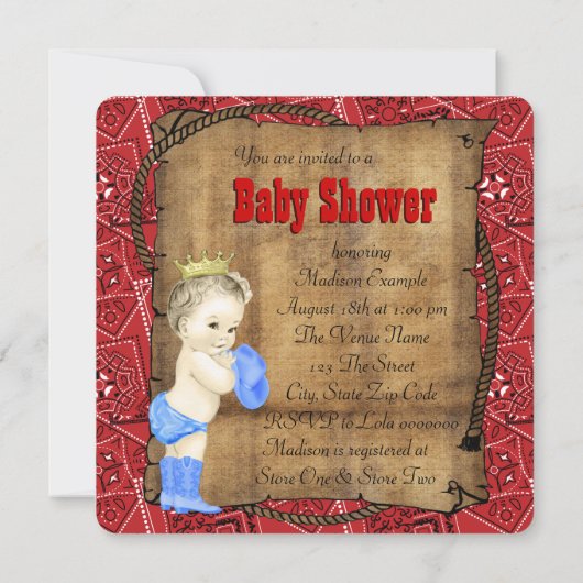 Cowboy Jongens Baby Shower Kaart (Achterkant)