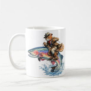Cowboy Kat die op Regenboog Forel Rodeo Rijdt  Koffiemok