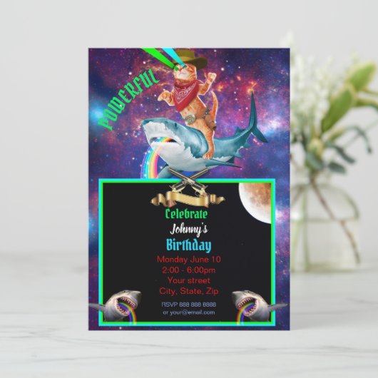 Cowboy kat en haai Galatic Grappig Uitnodiging (Staand voorkant)