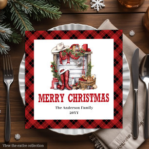 Cowboy Kerst servetten rood zwart tartan ontwerp