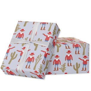 Cowboy Kerstman Blauwe Kerst Cadeaupapier