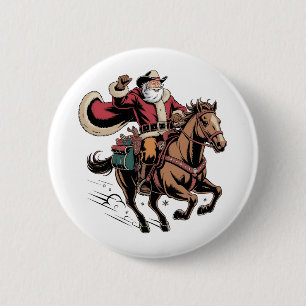 Cowboy Kerstman die op een paard rijdt Kerstmis Ronde Button 5,7 Cm