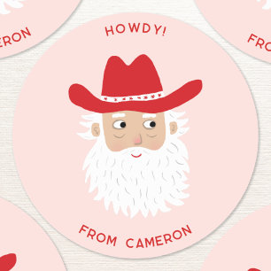 Cowboy Kerstman Roze Aangepaste Tekst Ronde Sticker