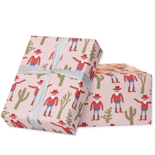 Cowboy Kerstman Roze Kerstmis Cadeaupapier