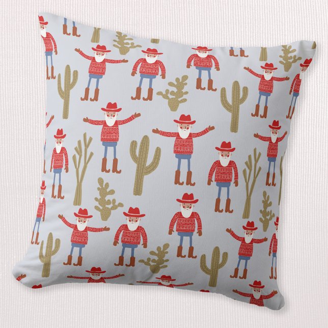 Cowboy Kerstman Western Kerstmis Blauw Kussen (Fun Cowboy Santa Claus pattern Western Christmas Holiday throw pillow)