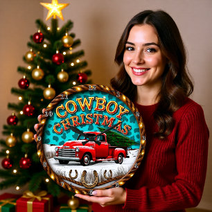 Cowboy Kerstmis Rode Truck Grote Klok